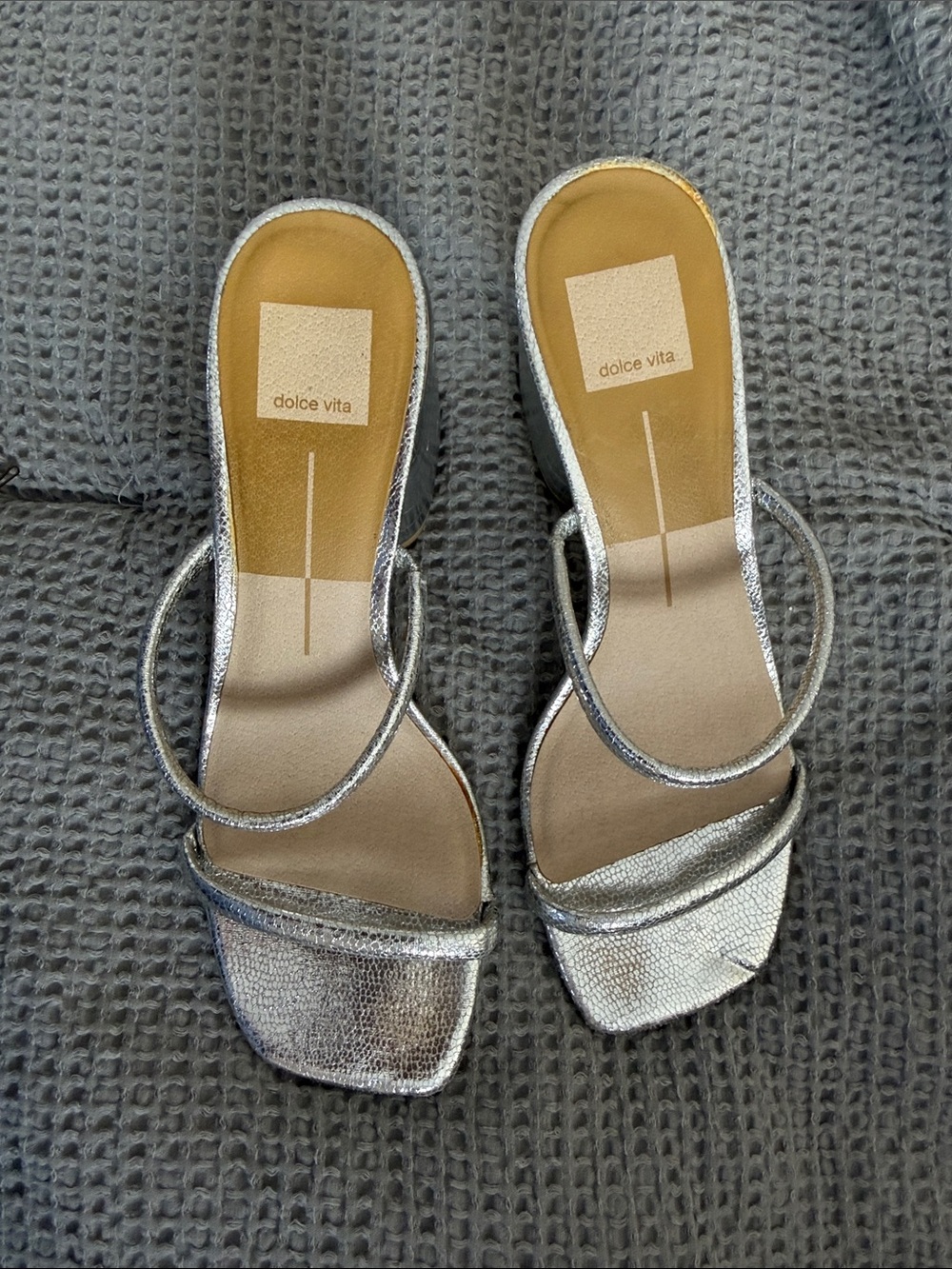Dolce Vita Metallic Silver Double-Strap Square-Toe Heelsworn once
